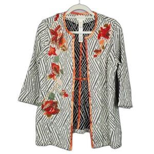 Chico's Ribbon Embroidered Open Front Light Coat Jacket Size 4